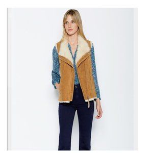 Joie Size Medium M Brinley Shearling Suede Vest Camel & Cream Mint !